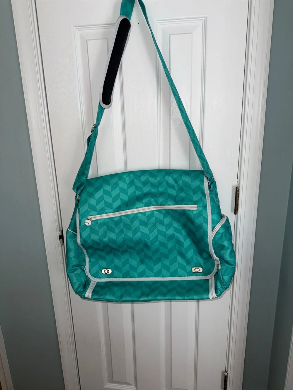 Chevron Pattern Teal Baby Bag Messenger with Adjustable Strap